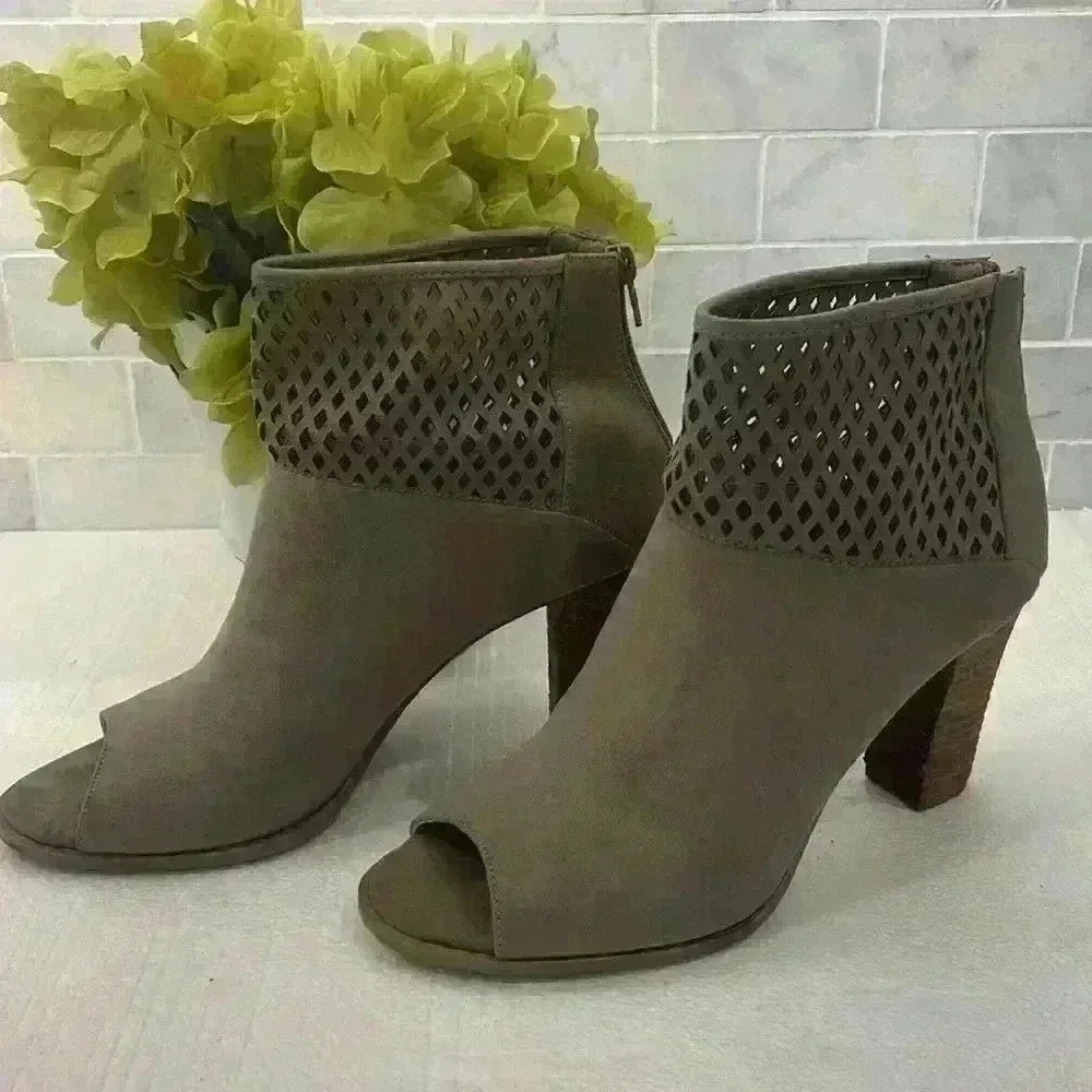 Report Suede Taupe Bootie style name Barnach, 3” heel Size 8.5